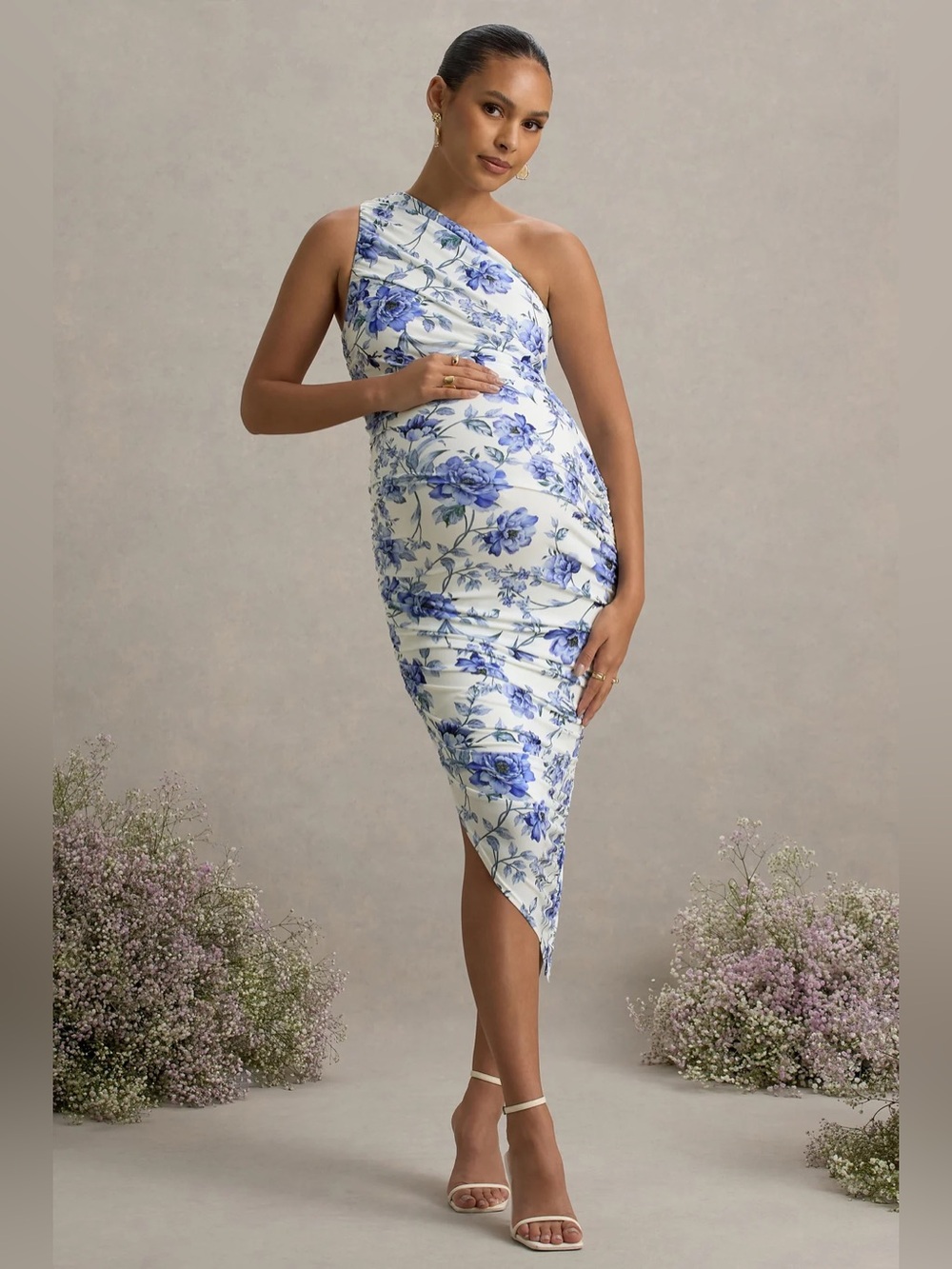 Club L London White One-Shoulder Maxi Dress with Blue Floral Print Maternity